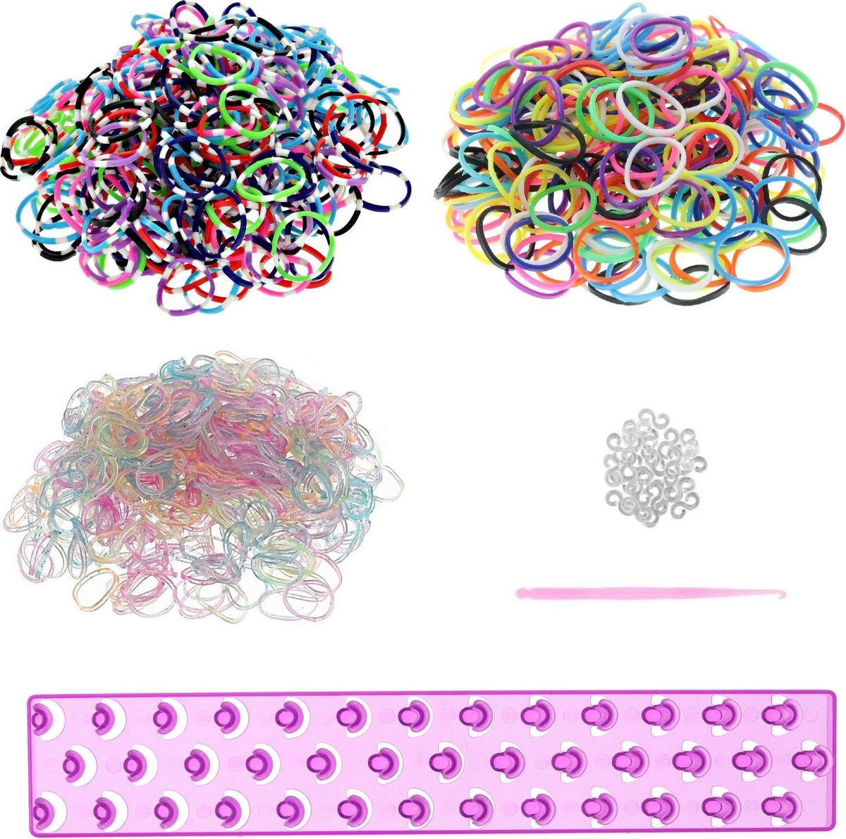 Behave 2000 Starterspakket Loom - Loombord - Loomnaald - Multi color looms - Glitterlooms - Gestreepte mix looms