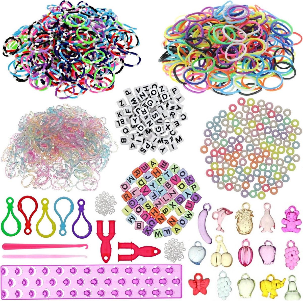 Behave 2000 Starterspakket Loom - Loombord - Loomnaalden - Multi color looms - Glitterlooms - Gestreepte mix looms - Rugzak clips - Y-looms - Hangers - Vlechtkralen