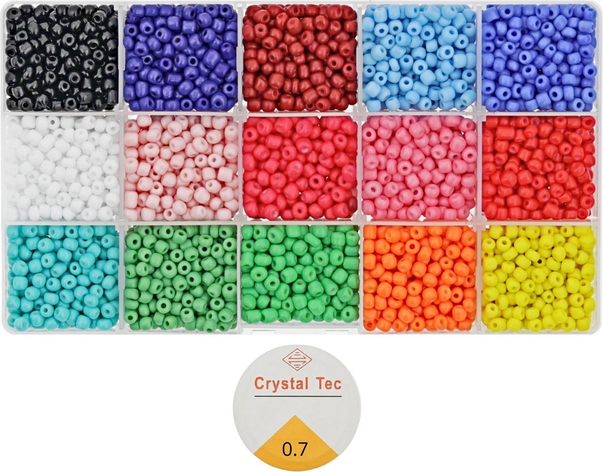 Behave 4500 Glaskralen Set - DIY Sieraden maken - Kralen Set - Rocailles - Rijgdraad - 15 Kleuren - 4mm