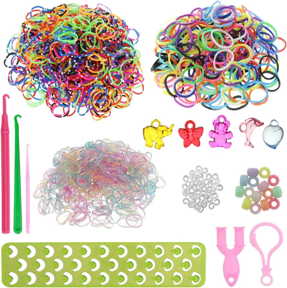 Behave 600 Loombandjes Starterspakket met 600 Loom Elastiekjes Multi kleur +1 glitter loombord + 2 Weefhaken + 40 S-clips + 12 Hangertjes + 60 Kraaltjes