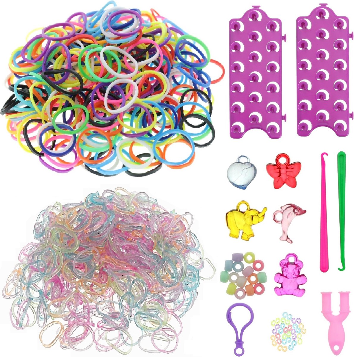 Behave 600 Loombandjes Starterspakket met 600 Loom Elastiekjes Multi kleur +2 Loomborden + 2 Weefhaken + 40 S-clips + 12 Hangertjes + 60 Kraaltjes