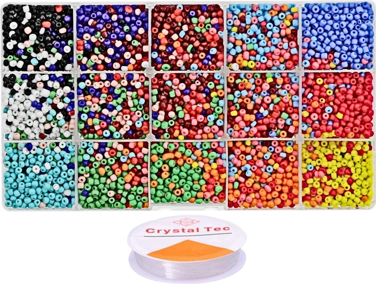 Behave 7500 Glaskralen Set - DIY Sieraden maken - Kralen Set - Rocailles - Rijgdraad - 15 Kleuren - 3mm