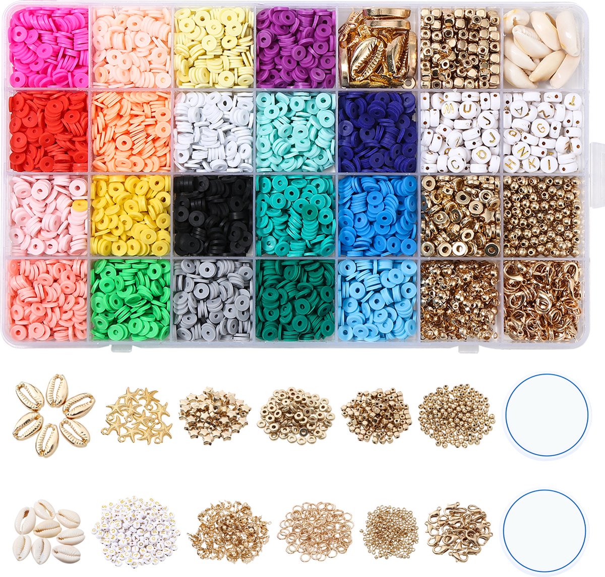 Behave Premium Katsuki Kralen Set - Knutselen Meisjes - Polymeer kralen - Kralenset - Platte kralen - Goudkleurig - Bedels - 28 Vakjes - 19 Kleuren - 6mm - Veel accessoires