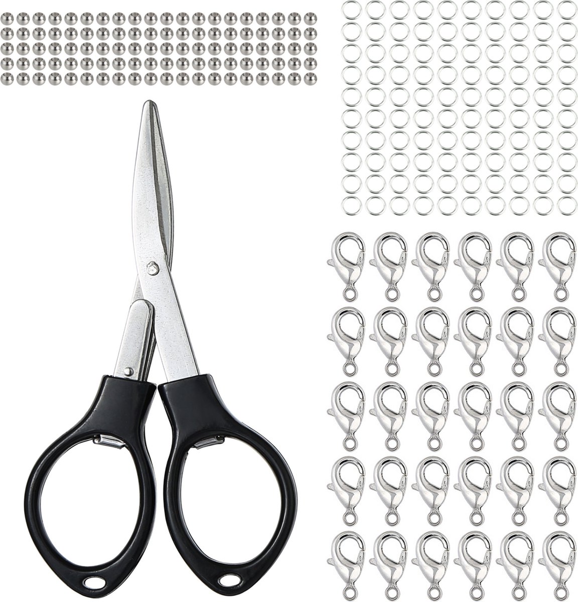 Behave Sieraden Onderdelen Pakket - Hobbypakket - Sieraden Maken - Karrabijnhaken - Springringen - Knijpkralen - Opvouwbare Schaar - Zilverkleur - RVS