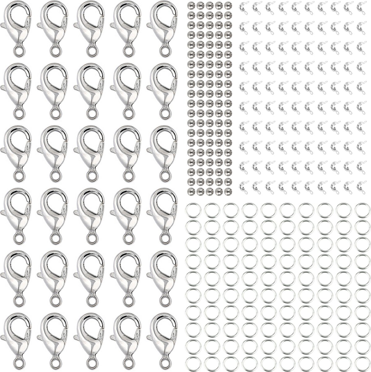   Sieraden Onderdelen Pakket - Hobbypakket - Sieraden Maken - Karrabijnhaken - Springringen - Knijpkralen - Zilverkleur - RVS