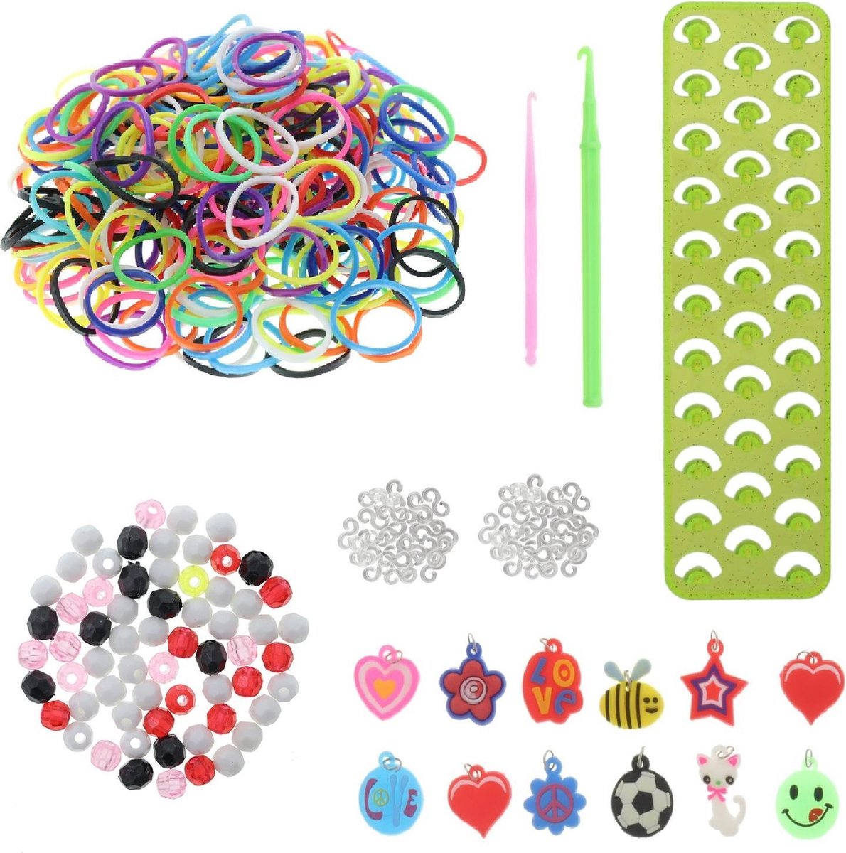 Behave® 600 Loombandjes Starterspakket met 600 Loom Elastiekjes Multi kleur +1 glitter loombord + 2 Weefhaken + 40 S-clips + 12 Hangertjes + 60 Kraaltjes