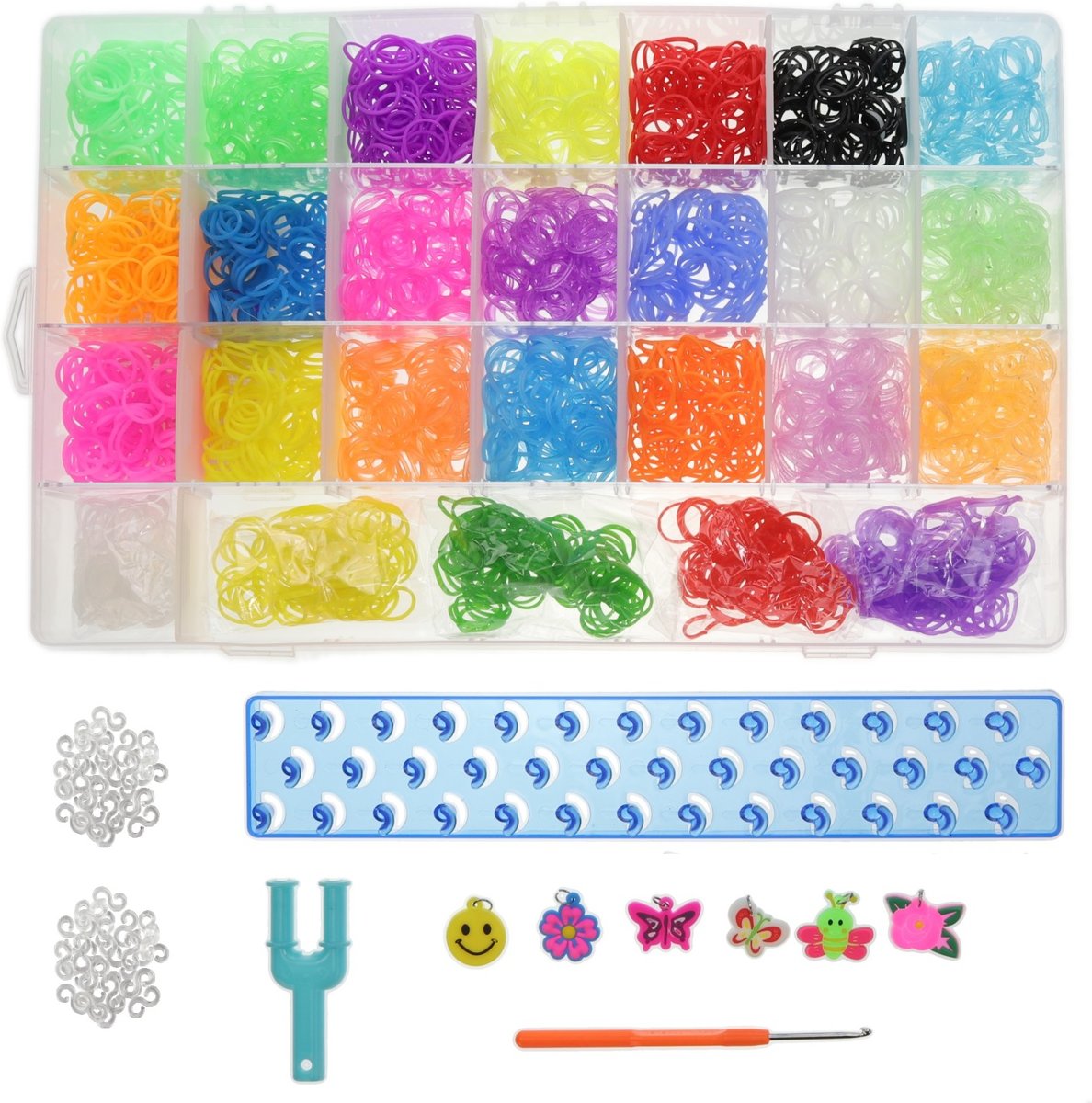Loombandjes Starterspakket Box Koffer met 2000 Loom Elastiekjes + 500 Extra geur elastiekjes + Stevig Blauw Loombord + Loom Haaknaald + Y-loop en S-clips