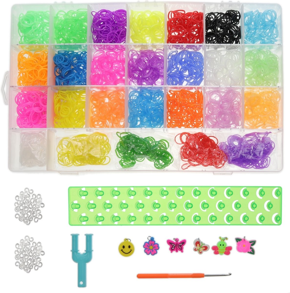 Loombandjes Starterspakket Box Koffer met 2000 Loom Elastiekjes + 500 Extra geur elastiekjes + Stevig Groen Loombord + Loom Haaknaald + Y-loop en S-clips