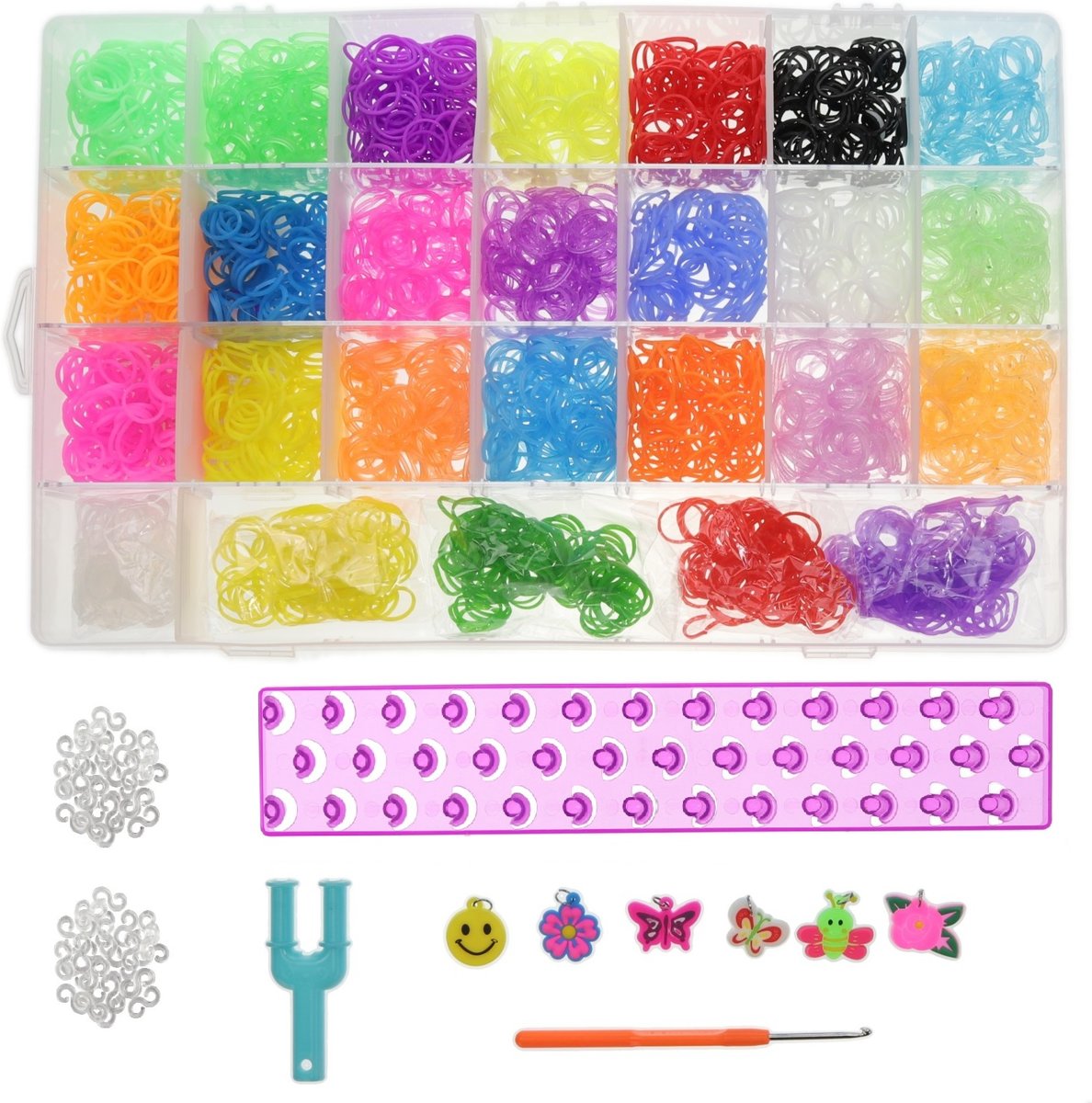 Loombandjes Starterspakket Box Koffer met 2000 Loom Elastiekjes + 500 Extra geur elastiekjes + Stevig Paars Loombord + Loom Haaknaald + Y-loop en S-clips