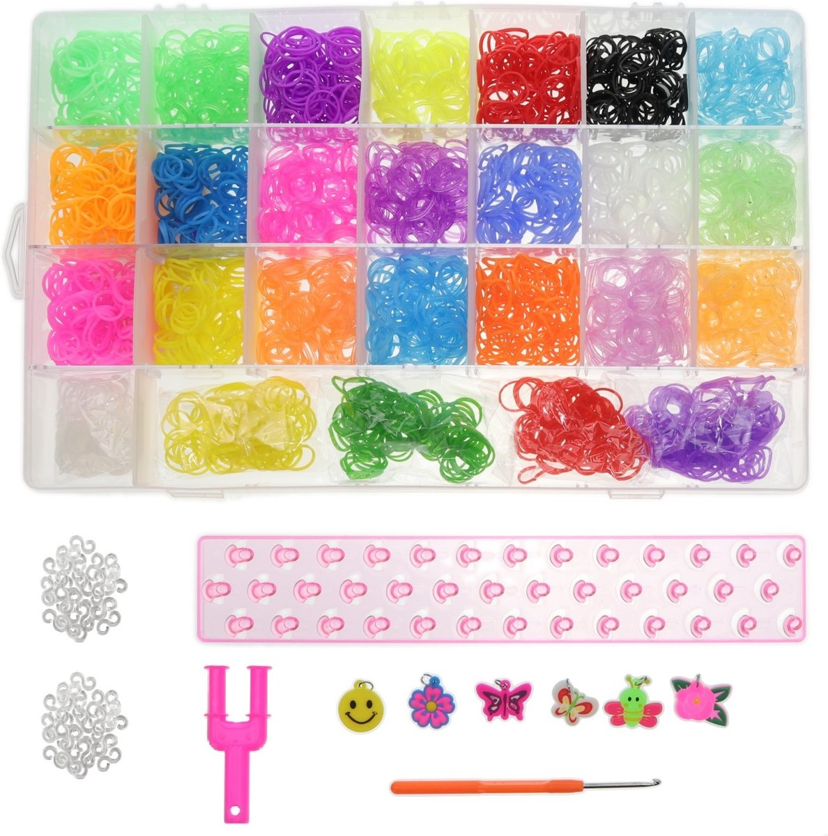 Loombandjes Starterspakket Box Koffer met 2000 Loom Elastiekjes + 500 Extra geur elastiekjes + Stevig Roze Loombord + Loom Haaknaald + Y-loop en S-clips