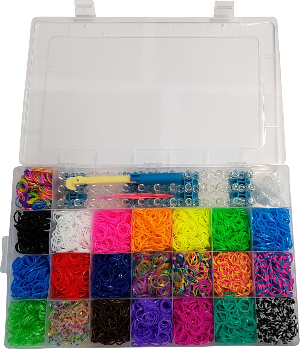 behave® 5500 loombandjes starterspakket box koffer met 5500 loom elastiekjes + extra stevig verstelbaar loombord + loom haaknaald + 4 weefhaken en S-clips