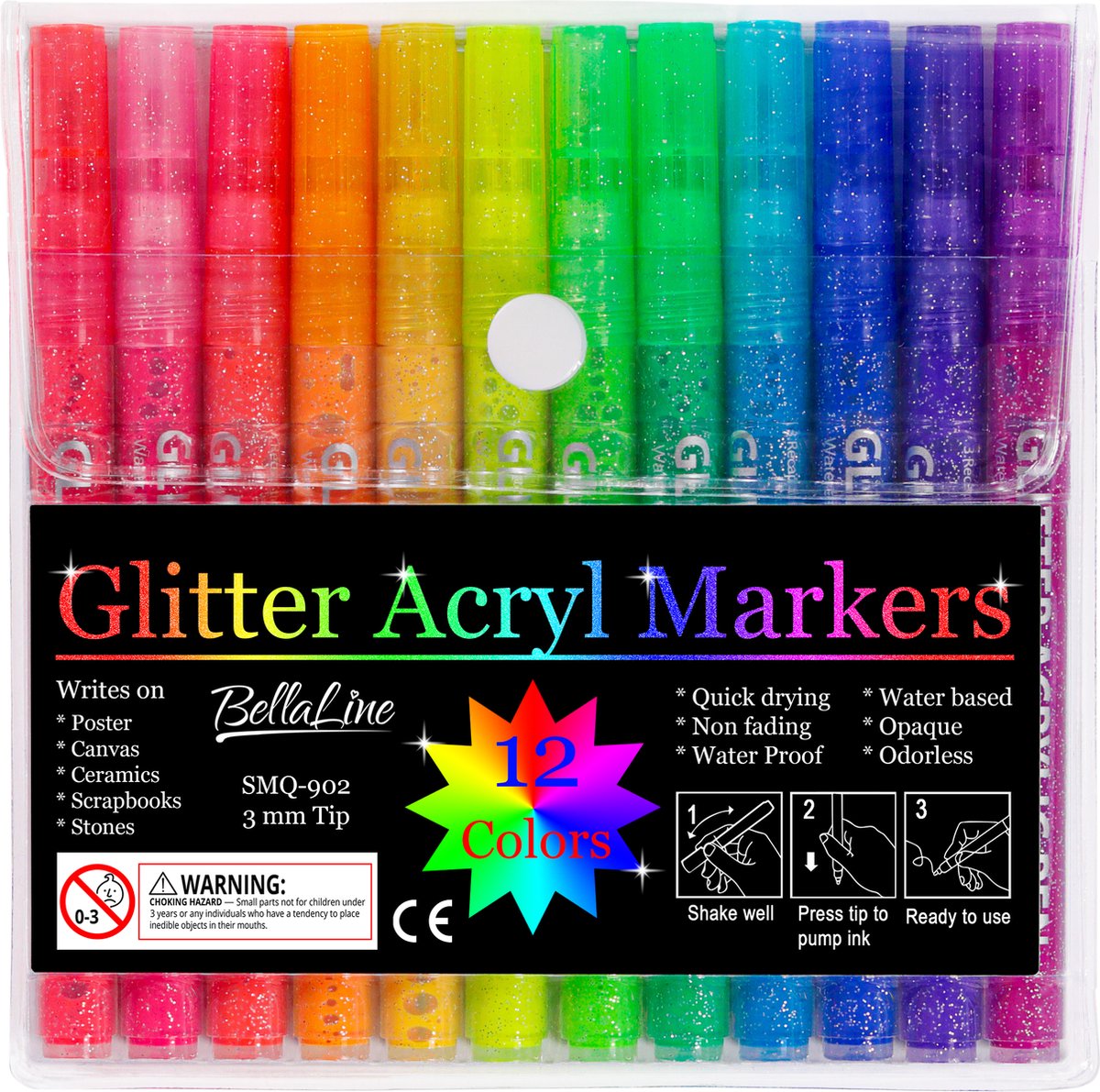 Glitterstiften - BellaLine - 3mm tip - Acryl - Marker - Glitter kaarten - Glitter Stiften - Glitterpennen - Speelgoed - Happy Stones - kleuren - Verjaardag Cadeau - Intense kleuren - creatief - kinderspeelgoed - Glitterpennen voor kinderen