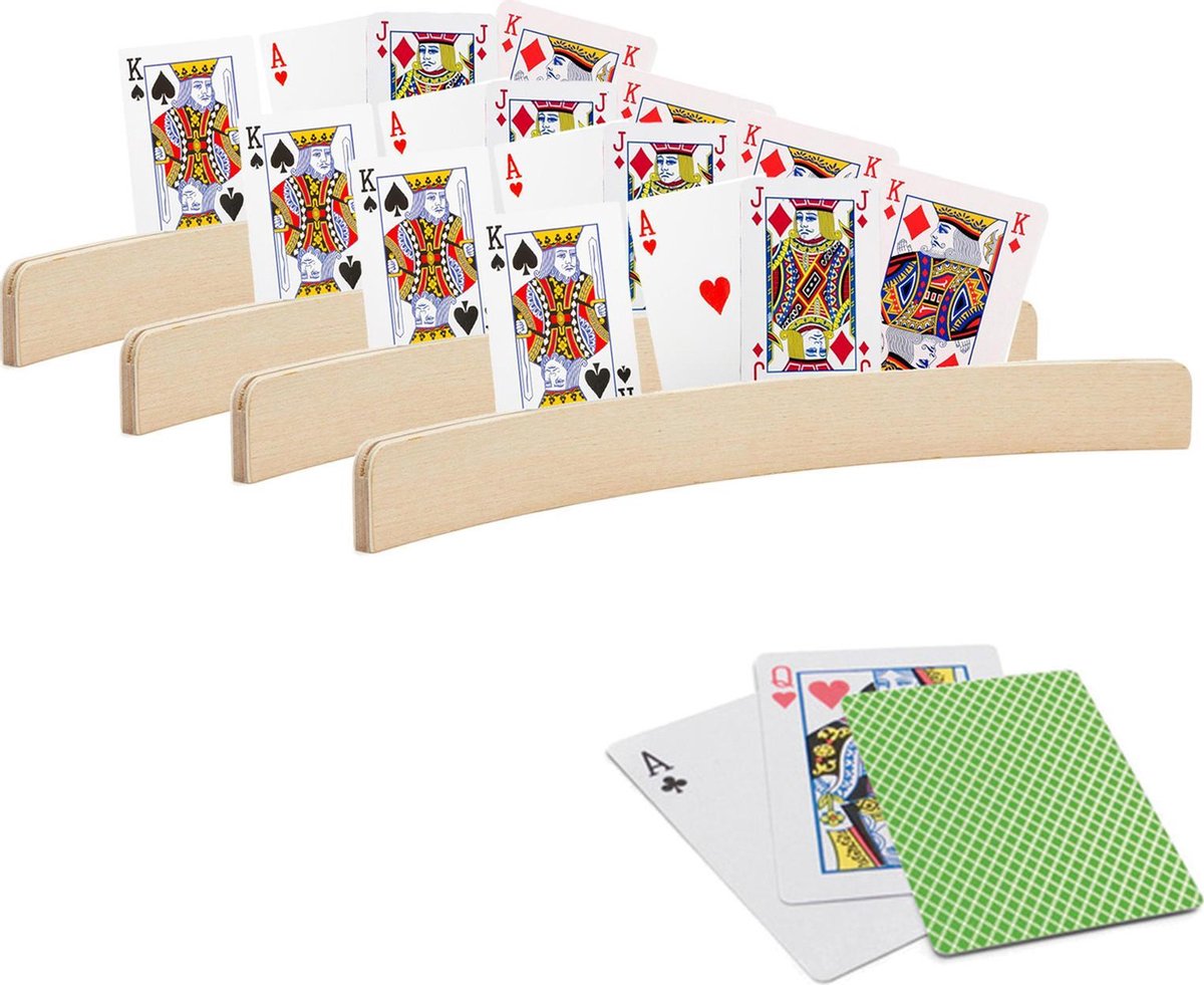 4x stuks Speelkaarthouders - inclusief 54 speelkaarten groen geruit - hout - 35 cm - kaarthouders