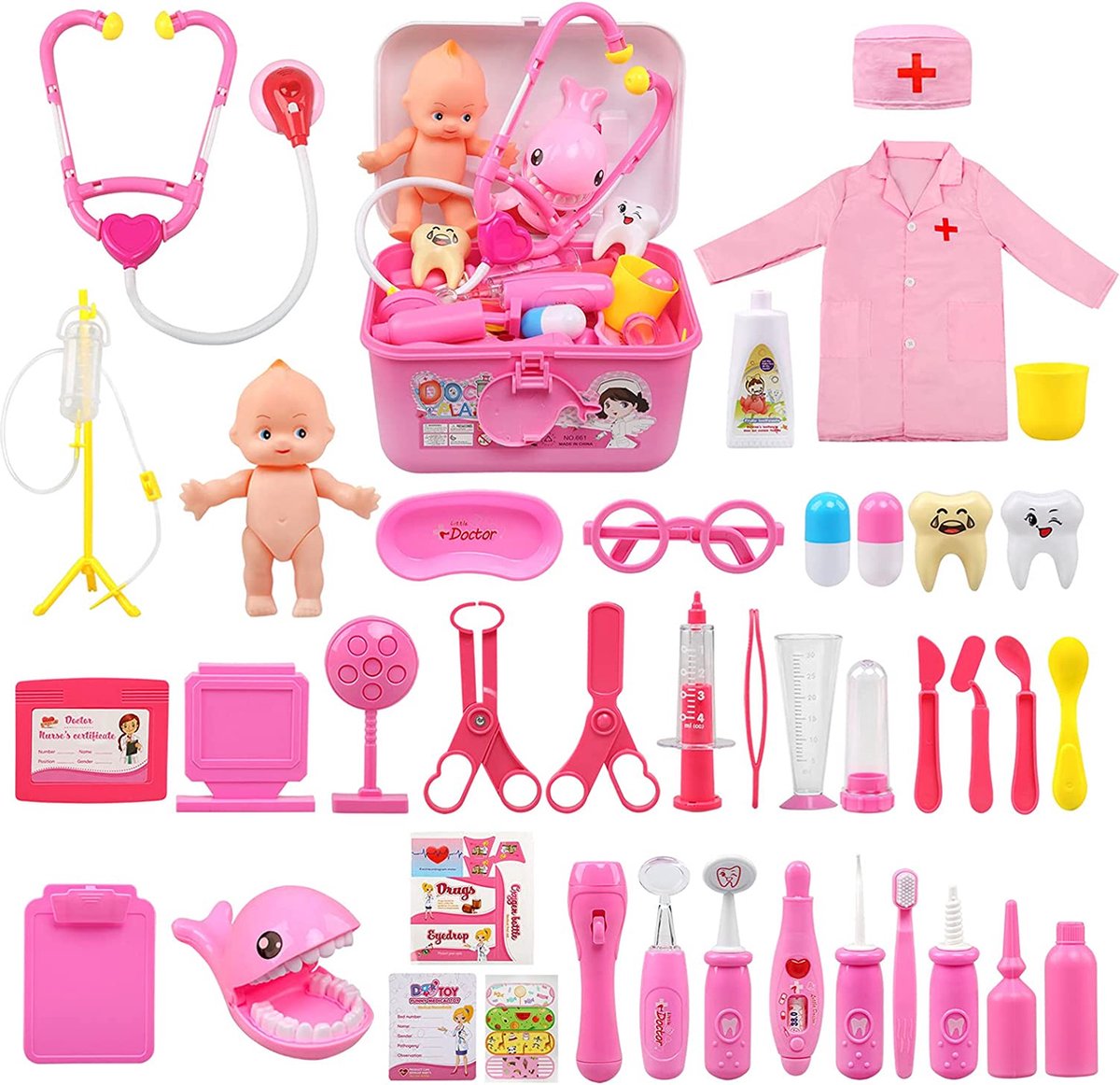 Kids Doctor Sets, 43 stuks artsen Set voor kinderen, verpleegster kostuum artsen verkleden voor kinderen meisjes jongens leeftijd 3 4 5, medische set met stethoscoop speelgoed voor meisjes, roze