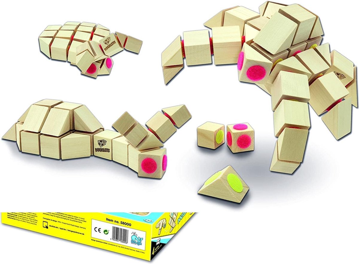 John Docklets houten bouwblokken, 3D flexibel, 50 delen, Enge kruipende beesten Set 32x32cm