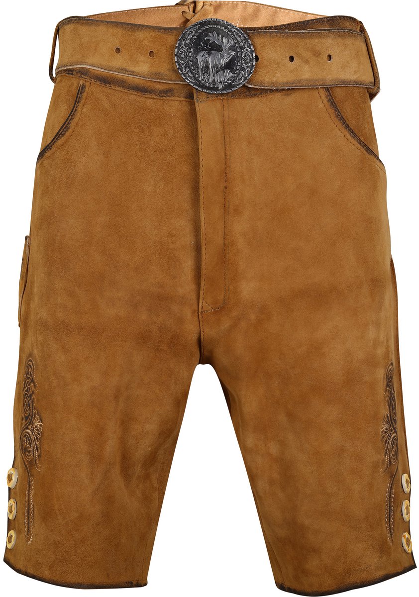 Benelux Wears / Lederhosen Echt Geitenleer 100% - Crème Tan - Maat 50 - Oktoberfest - Riem & bretels - Rits Sluiting (Volg onze maattabel)