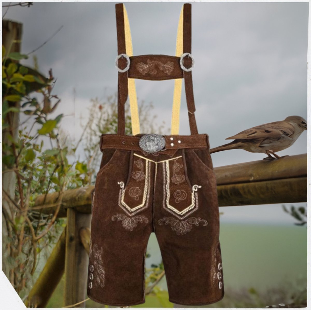 Benelux Wears / Lederhosen Echt rund leer 100% / Bruin met riem & bretel - Herakles - Maat 48 (Volg onze maattabel)