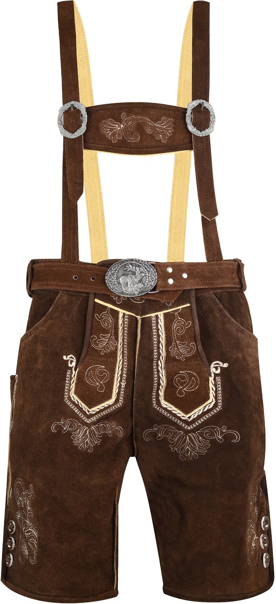 Benelux Wears / Lederhosen Echt rund leer 100% / Bruin met riem & bretel - Herakles - Maat 52 (Volg onze maattabel)