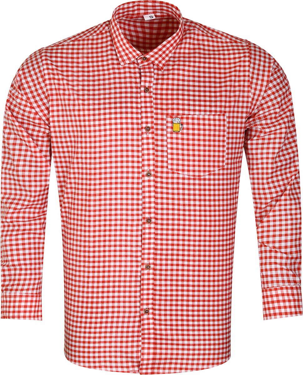 Benelux wears / Tiroler hemd - Rood Wit - Blouse - Verkleedkleding - Oktoberfest - Geborduurde Bierpul - Maat 2XL