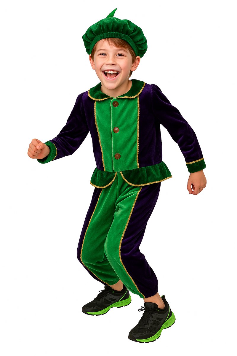 3-delig Pietenpak Pietenkostuum Unisex - Groen-Paars - Maat 4-6 jaar