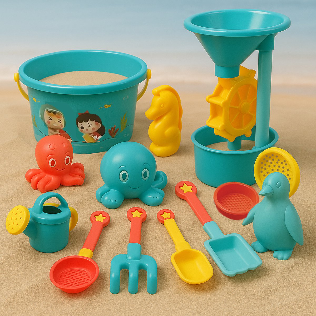 Best Active Strandspeelgoed - 13-Delige Set met Emmer en Watermolen - Strand Speelgoed - Zandbak Speelgoed - Waterspeelgoed - Zand Vormpjes - Schepjes/Harkjes/Zeefjes - Perfect voor Zandbak en Strand