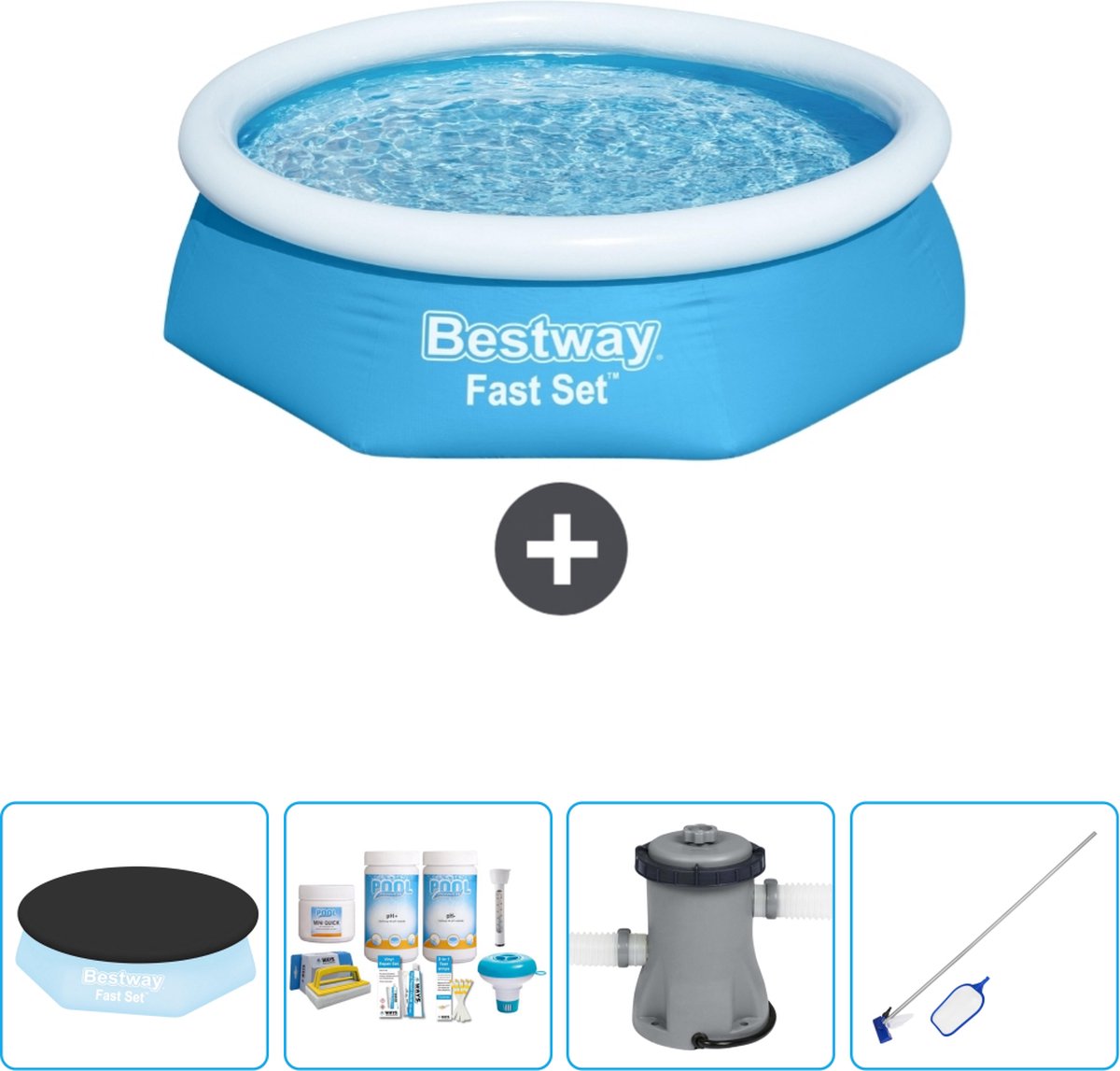 Bestway Rond Opblaasbaar Fast Set Zwembad - 244 x 61 cm - Blauw - Inclusief Afdekzeil - Onderhoudspakket - Pomp - Schoonmaakset