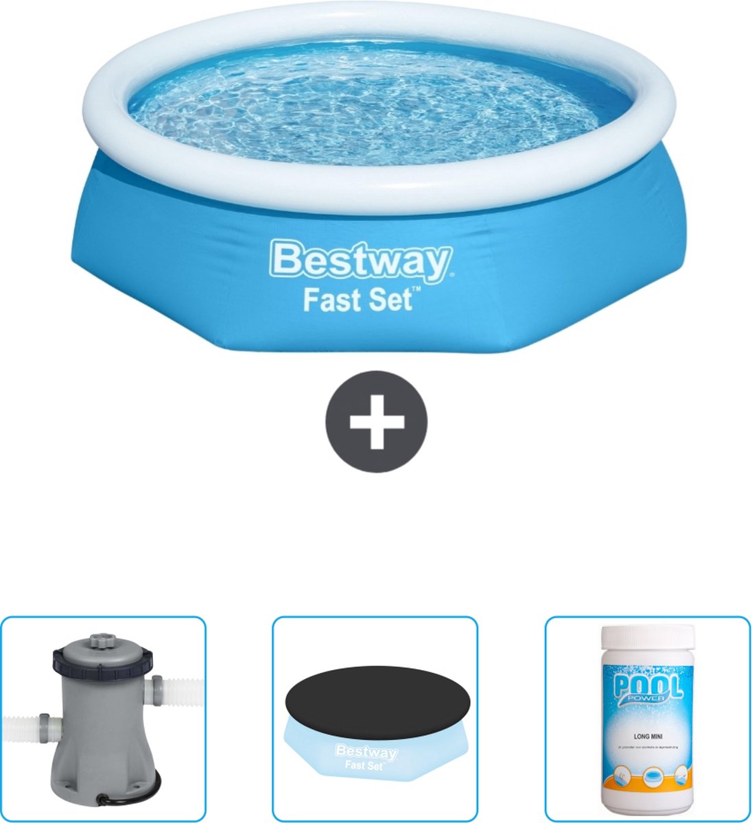 Bestway Rond Opblaasbaar Fast Set Zwembad - 244 x 61 cm - Blauw - Inclusief Pomp - Afdekzeil - Chloor