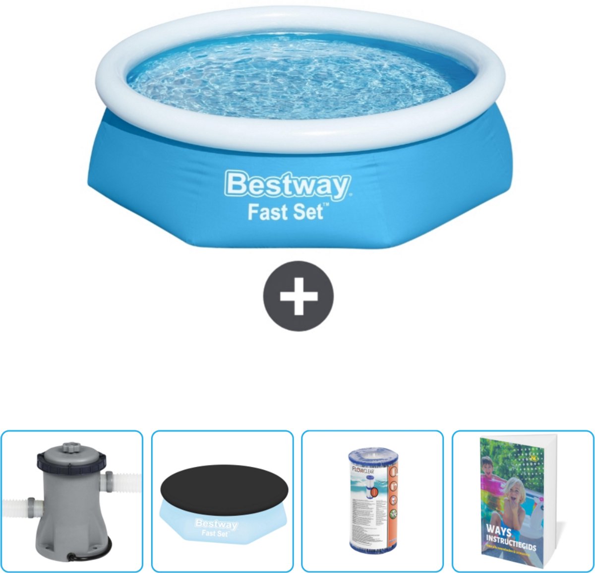 Bestway Rond Opblaasbaar Fast Set Zwembad - 244 x 61 cm - Blauw - Inclusief Pomp - Afdekzeil - Filter - Zwembadgids