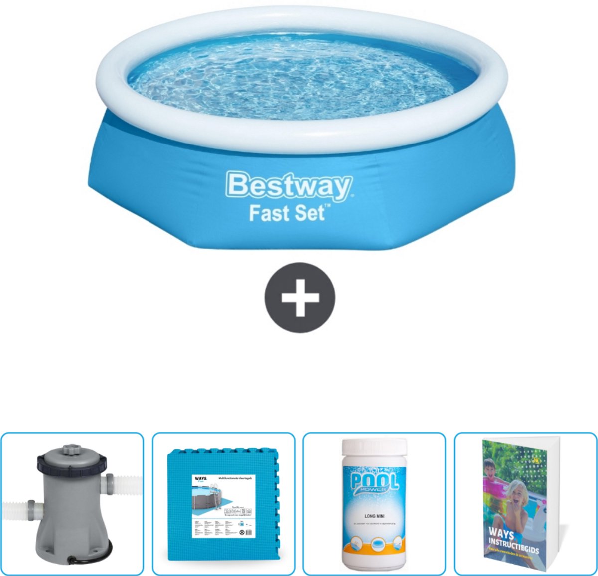 Bestway Rond Opblaasbaar Fast Set Zwembad - 244 x 61 cm - Blauw - Inclusief Pomp - Vloertegels - Chloor - Zwembadgids