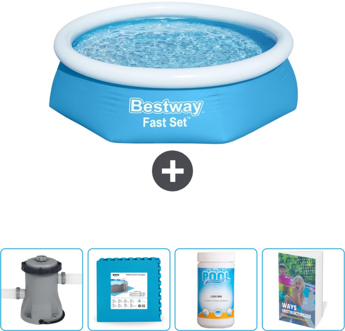 Bestway Rond Opblaasbaar Fast Set Zwembad - 244 x 61 cm - Blauw - Inclusief Pomp Vloertegels - Chloor - Zwembadgids