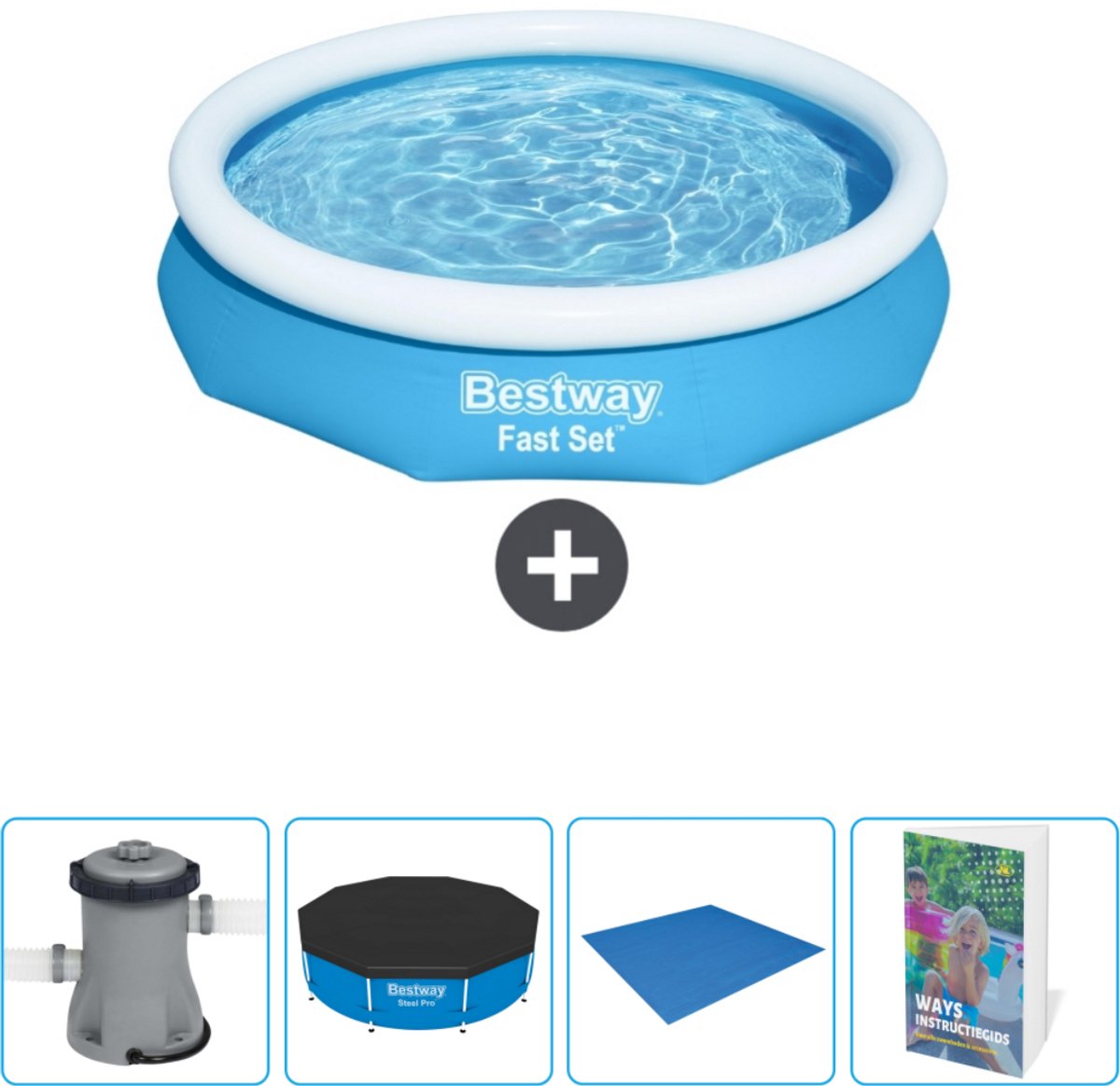 Bestway Rond Opblaasbaar Fast Set Zwembad - 305 x 66 cm - Blauw - Inclusief Pomp - Afdekzeil - Grondzeil - Zwembadgids