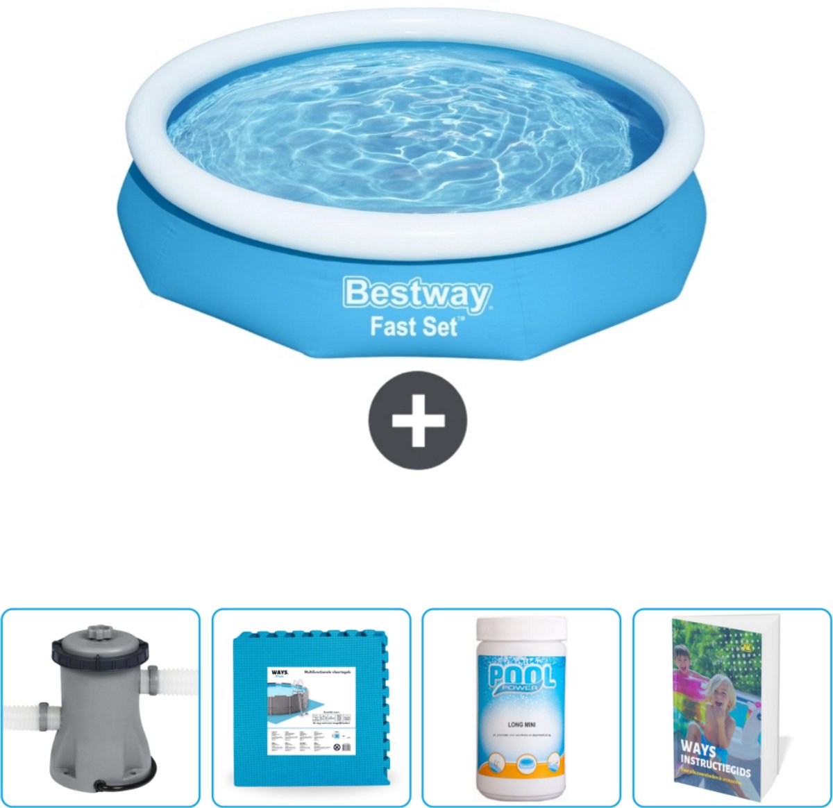 Bestway Rond Opblaasbaar Fast Set Zwembad - 305 x 66 cm - Blauw - Inclusief Pomp - Vloertegels - Chloor - Zwembadgids