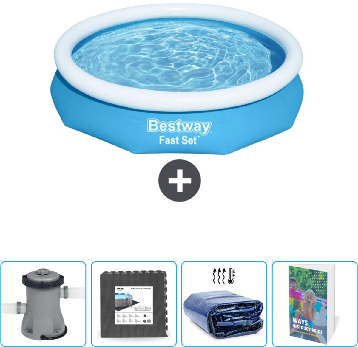 Bestway Rond Opblaasbaar Fast Set Zwembad - 305 x 66 cm - Blauw - Inclusief Pomp - Vloertegels - Solarzeil - Zwembadgids