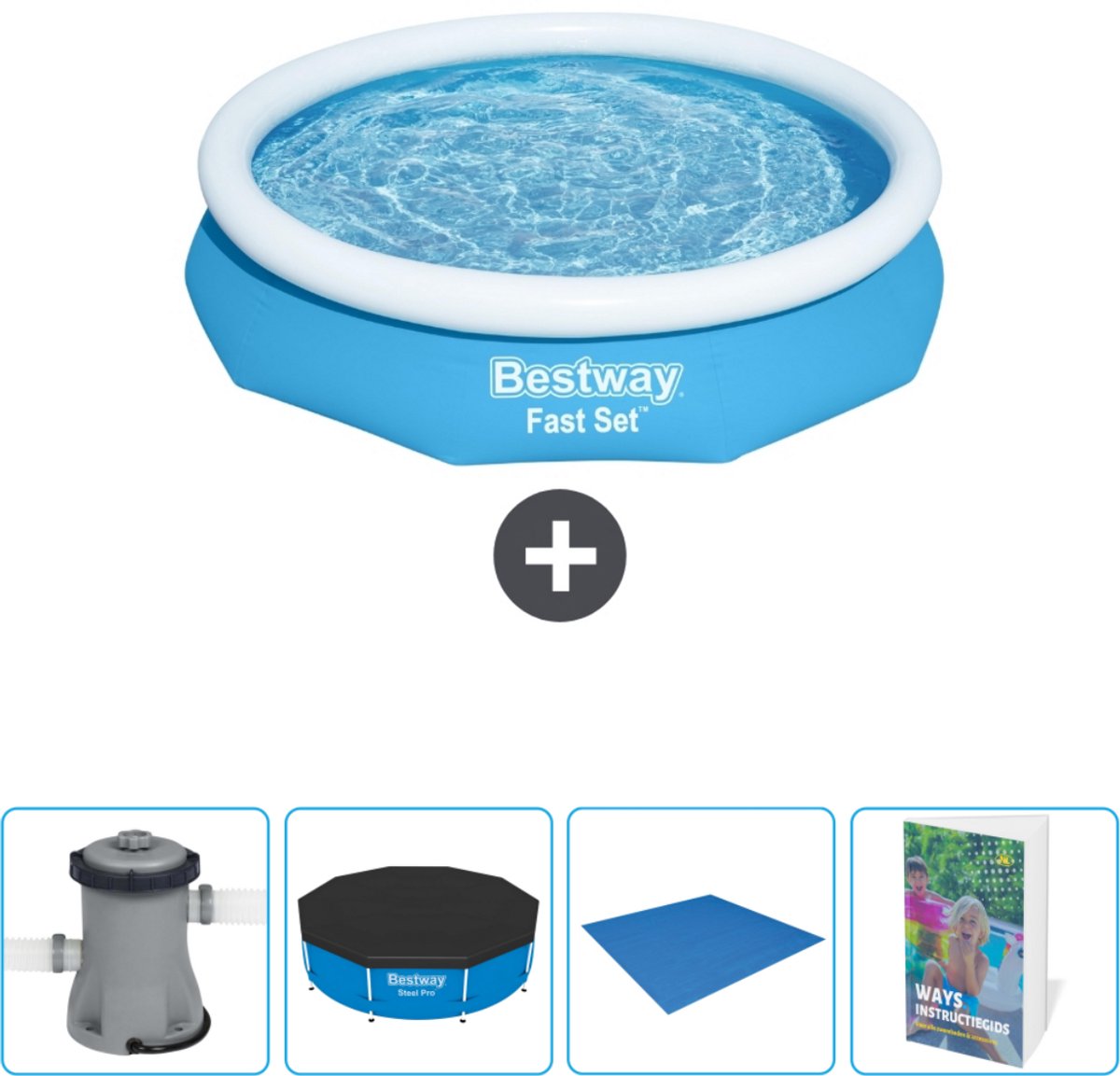 Bestway Rond Opblaasbaar Fast Set Zwembad - 305 x 66 cm - Blauw - Inclusief Pomp Afdekzeil - Grondzeil - Zwembadgids