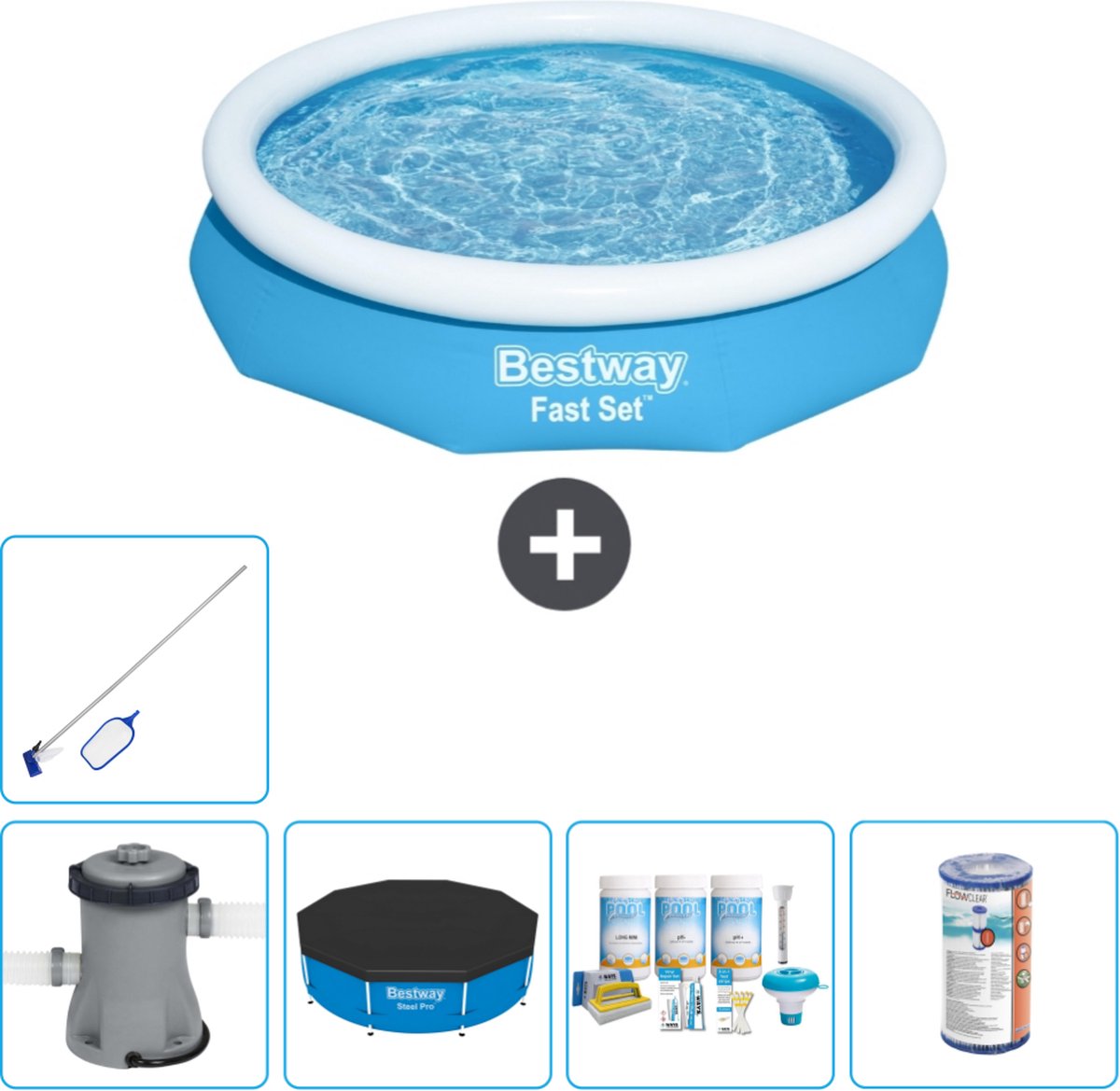Bestway Rond Opblaasbaar Fast Set Zwembad - 305 x 66 cm - Blauw - Inclusief Pomp Afdekzeil - Onderhoudspakket - Filter - Schoonmaakset