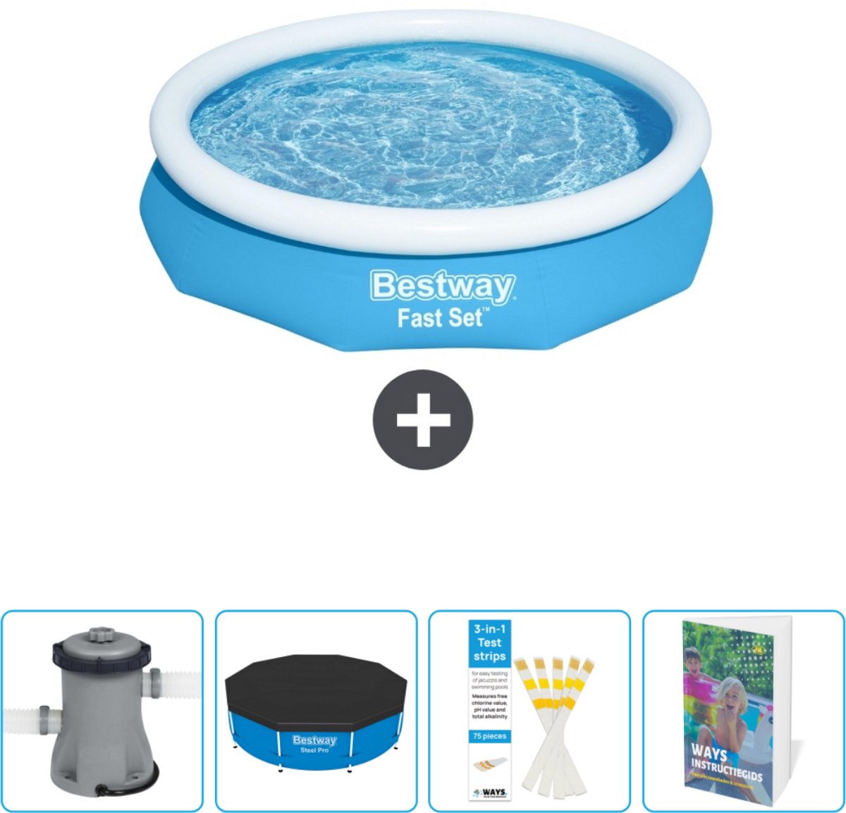 Bestway Rond Opblaasbaar Fast Set Zwembad - 305 x 66 cm - Blauw - Inclusief Pomp Afdekzeil - Testrips - Zwembadgids