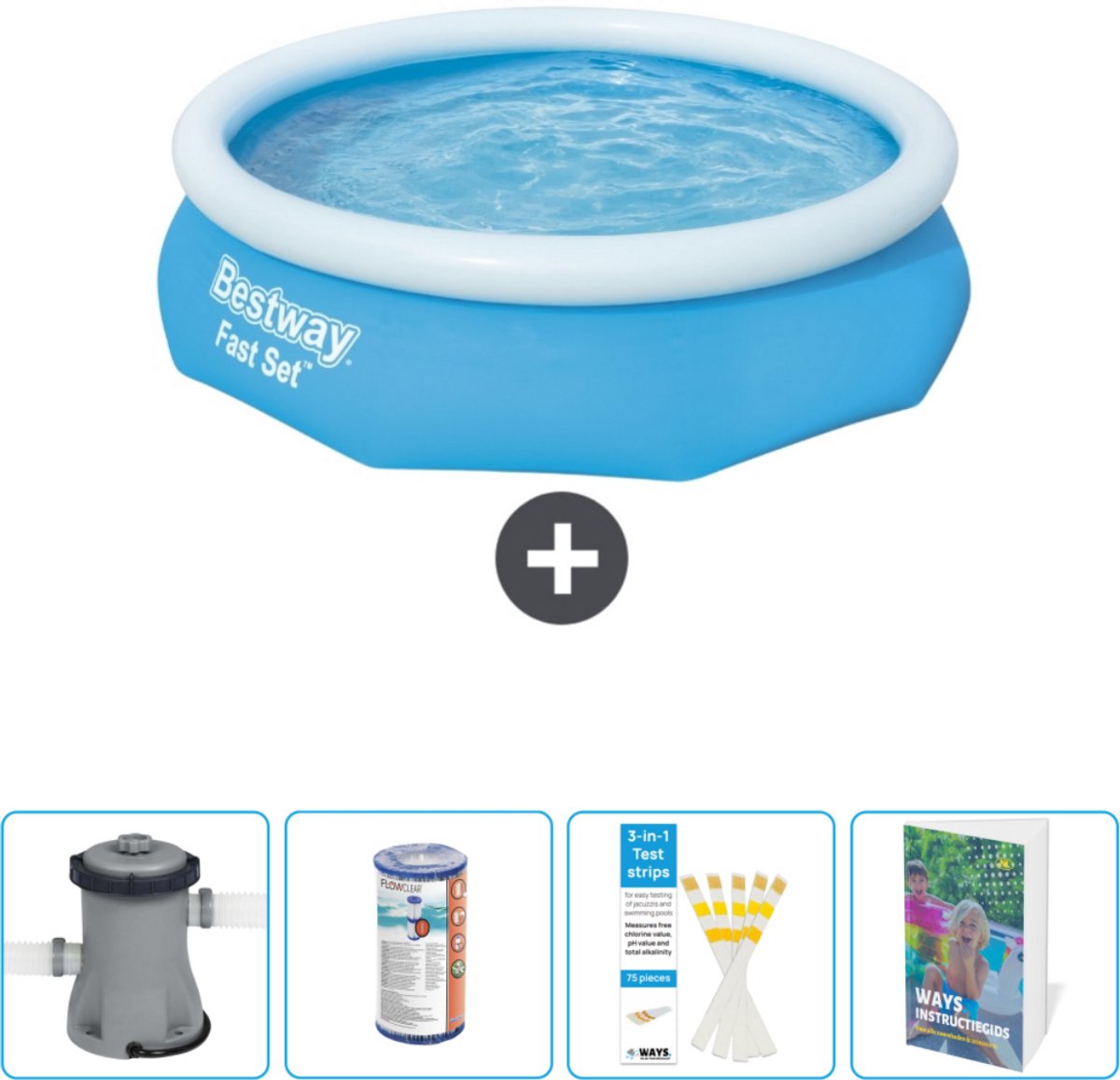 Bestway Rond Opblaasbaar Fast Set Zwembad - 305 x 76 cm - Blauw - Inclusief Pomp - Filter - Testrips - Zwembadgids