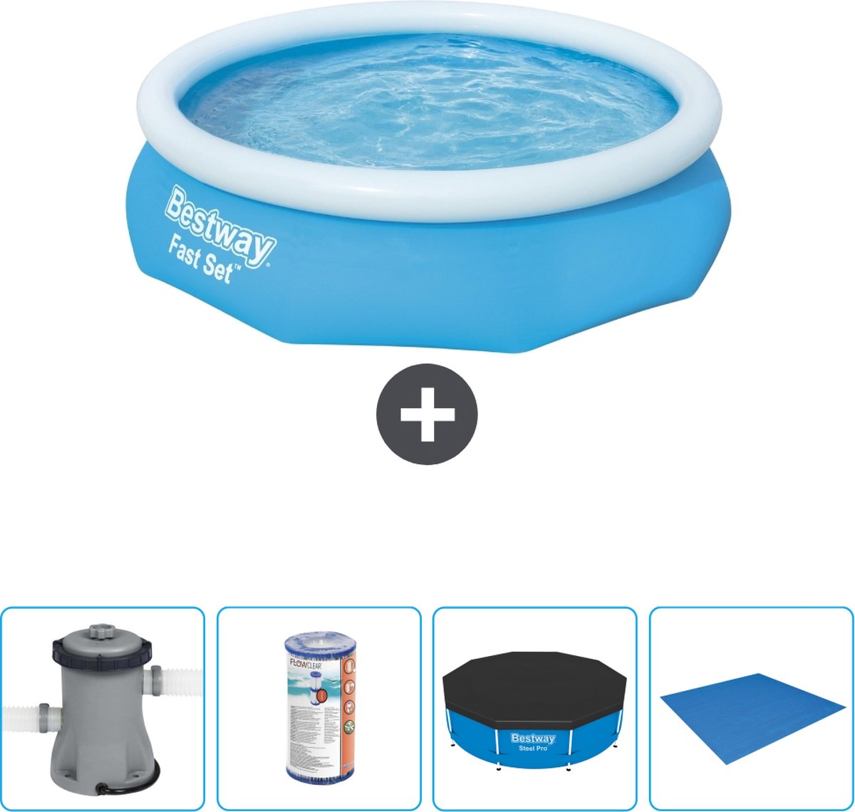 Bestway Rond Opblaasbaar Fast Set Zwembad - 305 x 76 cm - Blauw - Inclusief Pomp Filter - Afdekzeil - Grondzeil