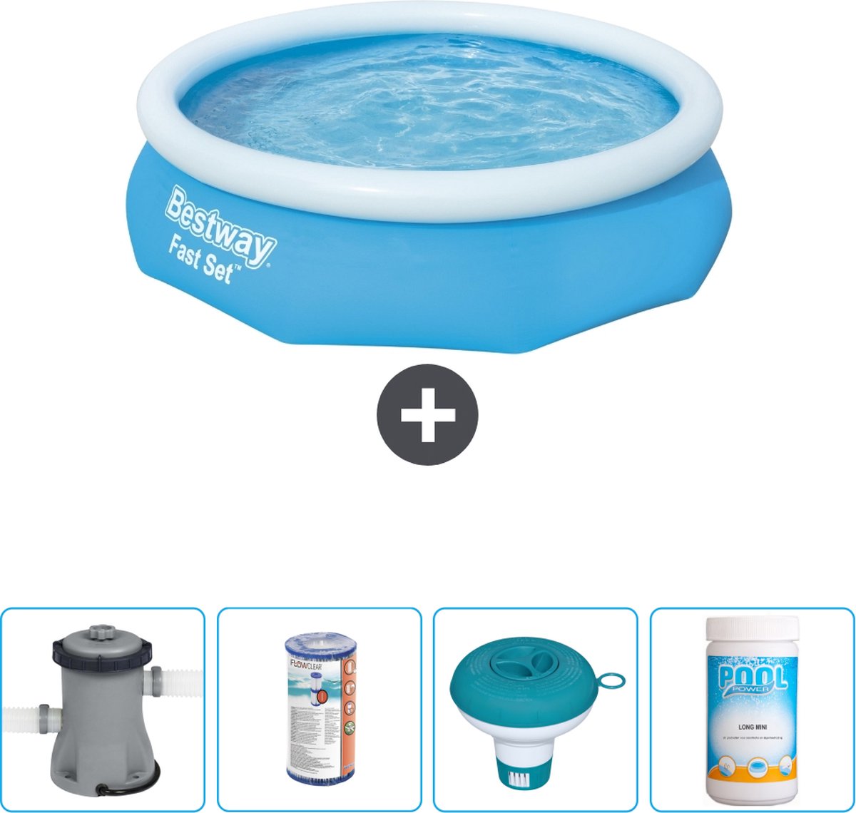 Bestway Rond Opblaasbaar Fast Set Zwembad - 305 x 76 cm - Blauw - Inclusief Pomp Filter - Chloordrijver - Chloor