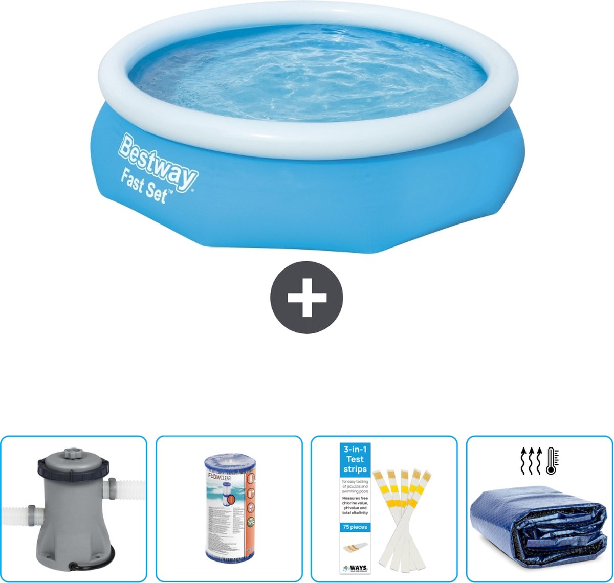 Bestway Rond Opblaasbaar Fast Set Zwembad - 305 x 76 cm - Blauw - Inclusief Pomp Filter - Testrips - Solarzeil