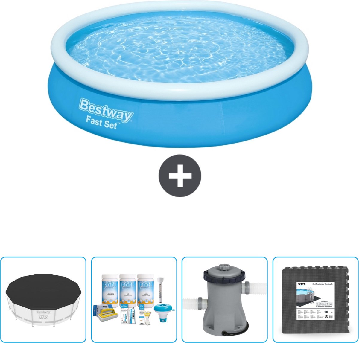 Bestway Rond Opblaasbaar Fast Set Zwembad - 366 x 76 cm - Blauw - Inclusief Afdekzeil - Onderhoudspakket - Pomp - Vloertegels