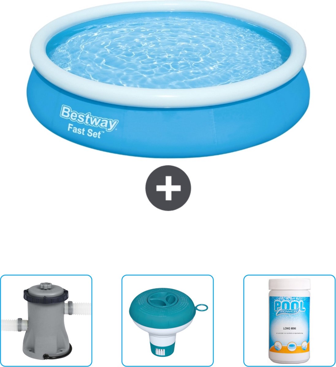 Bestway Rond Opblaasbaar Fast Set Zwembad - 366 x 76 cm - Blauw - Inclusief Pomp - Chloordrijver - Chloor