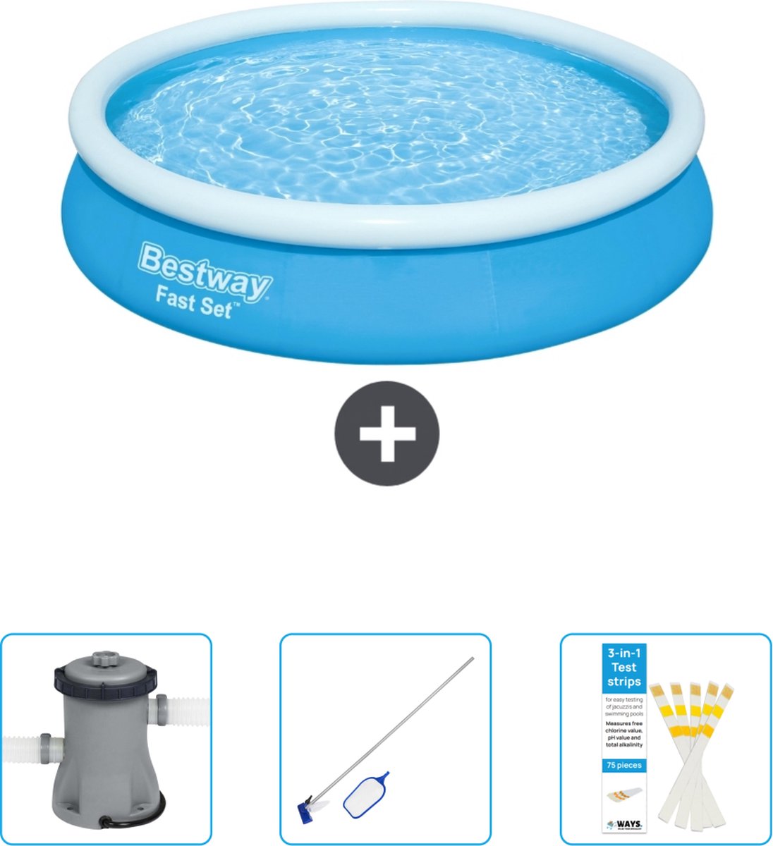 Bestway Rond Opblaasbaar Fast Set Zwembad - 366 x 76 cm - Blauw - Inclusief Pomp - Schoonmaakset - Testrips