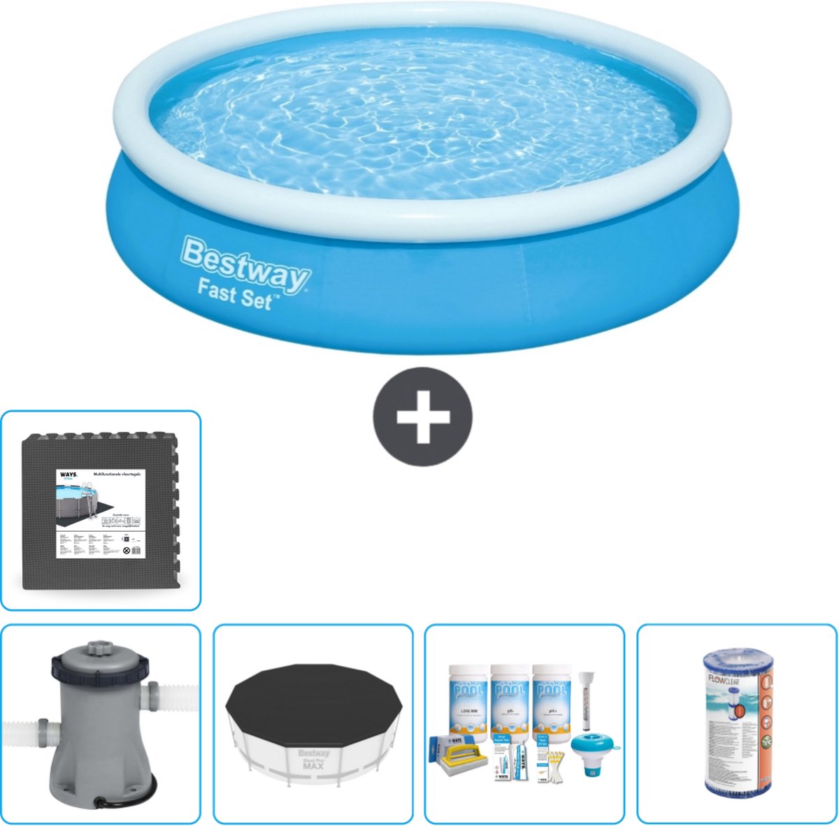 Bestway Rond Opblaasbaar Fast Set Zwembad - 366 x 76 cm - Blauw - Inclusief Pomp Afdekzeil - Onderhoudspakket - Filter - Vloertegels