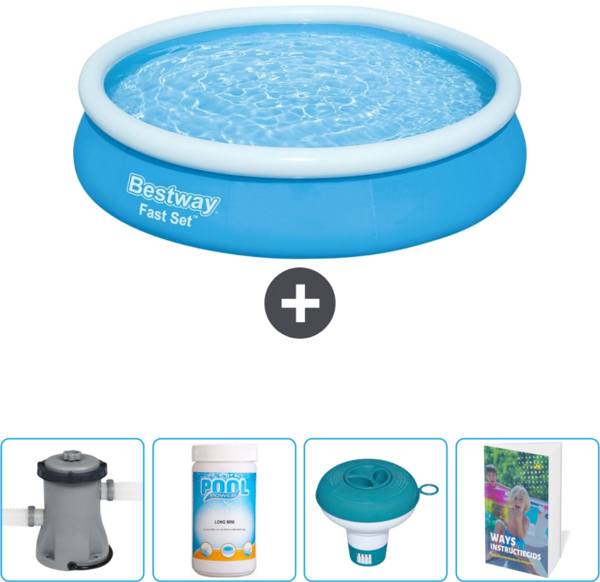 Bestway Rond Opblaasbaar Fast Set Zwembad - 366 x 76 cm - Blauw - Inclusief Pomp Chloor - Chloordrijver - Zwembadgids