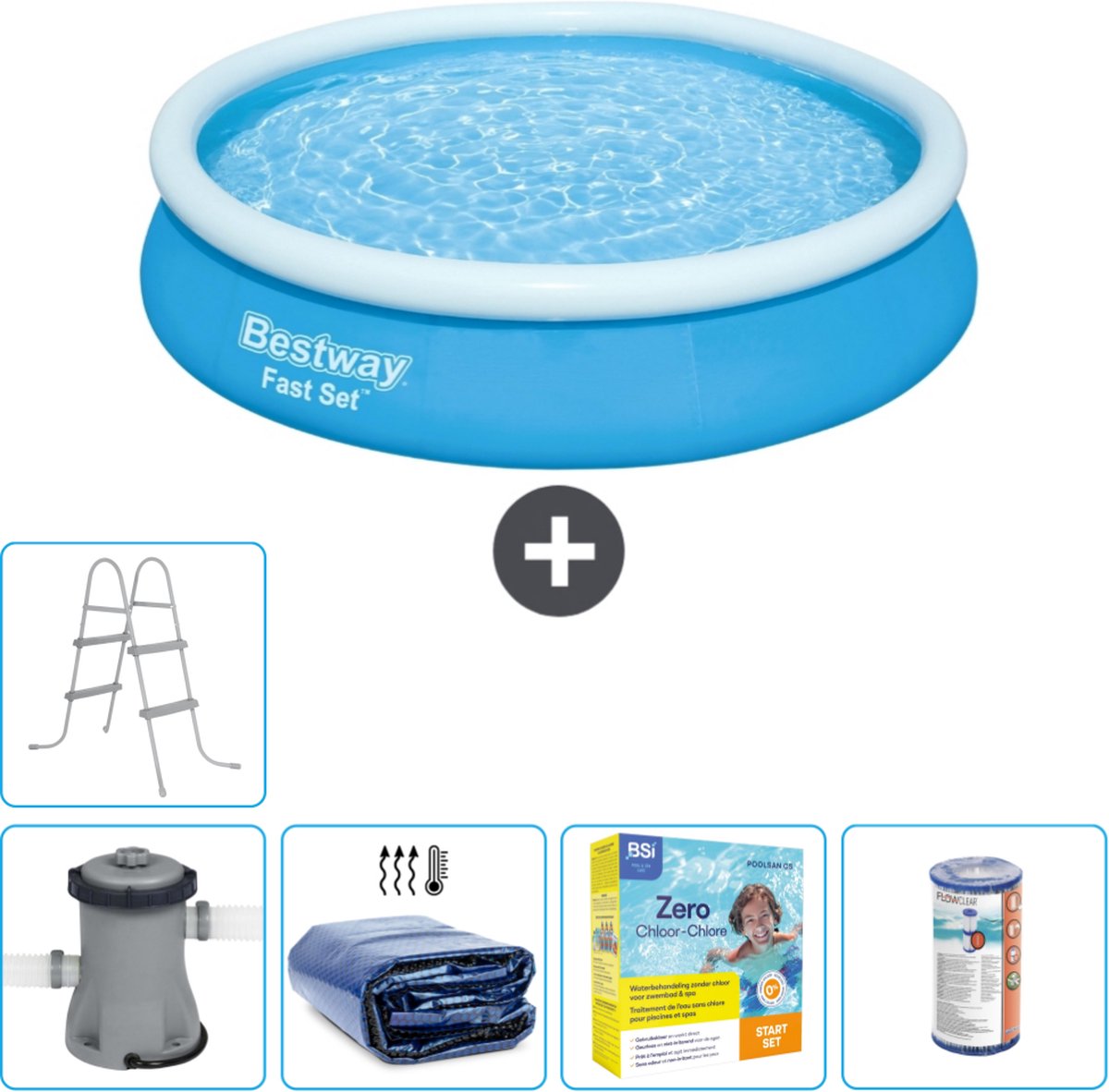 Bestway Rond Opblaasbaar Fast Set Zwembad - 366 x 76 cm - Blauw - Inclusief Pomp Solarzeil - Onderhoudspakket - Filter - Ladder