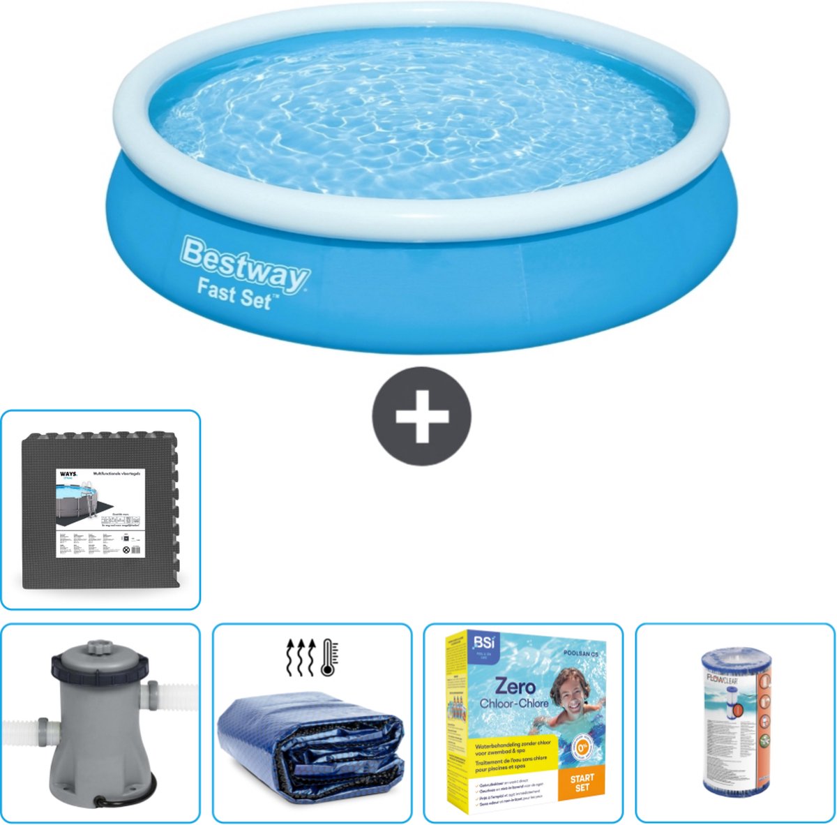 Bestway Rond Opblaasbaar Fast Set Zwembad - 366 x 76 cm - Blauw - Inclusief Pomp Solarzeil - Onderhoudspakket - Filter - Vloertegels