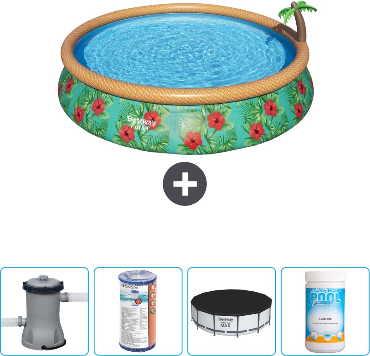 Bestway Rond Opblaasbaar Fast Set Zwembad - Paradijsprint - 457 x 84 cm - Inclusief Pomp Filter - Afdekzeil - Chloor