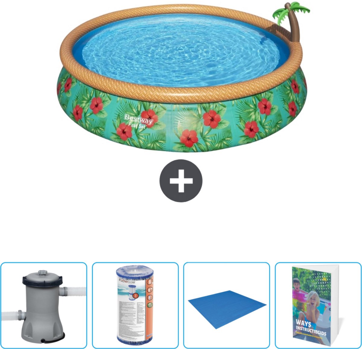 Bestway Rond Opblaasbaar Fast Set Zwembad - Paradijsprint - 457 x 84 cm - Inclusief Pomp Filter - Grondzeil - Zwembadgids