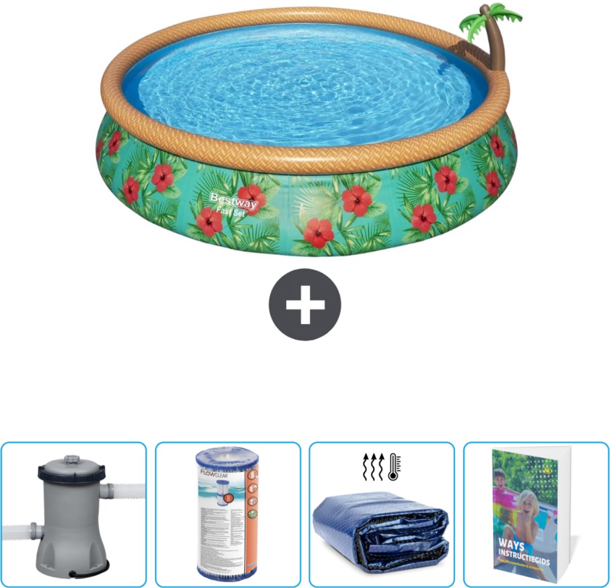 Bestway Rond Opblaasbaar Fast Set Zwembad - Paradijsprint - 457 x 84 cm - Inclusief Pomp Filter - Solarzeil - Zwembadgids